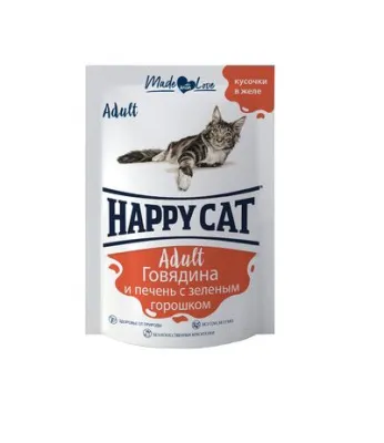 Happy cat "пауч - говядина с печенью и горошком в желе" - консервы для кошек